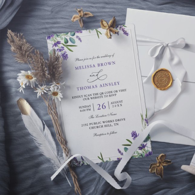 Eukalyptus Lavendel Elegant Budget QR-kod Bröllop Inbjudningar (Skapare uppladdad)