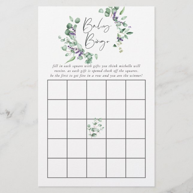 Eukalyptus Lavendel Grönska Baby Shower Bingo (Framsida)