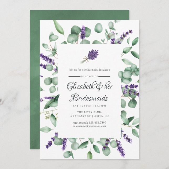 Eukalyptus Lavendel Grönska Brudtärnor Lunchen Inbjudningar (Fram/baksida)