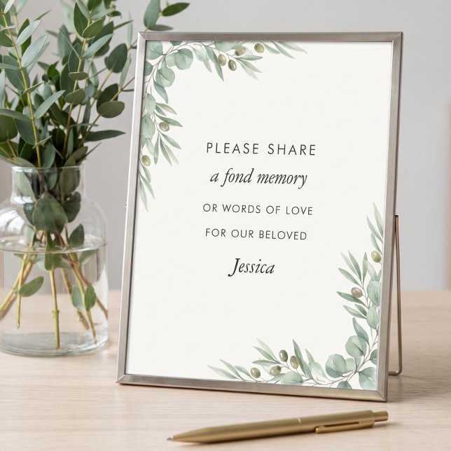 Eukalyptus Livets Firande Dela ett Minne Poster (Share a memory table sign  from the Eucalyptus Celebration of Life collection by Darling & May)
