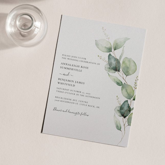 Eukalyptus Minimalistisk Botanisk Akvarell Bröllop Inbjudningar (Watercolor Eucalyptus Sage Green Wedding Invitation)