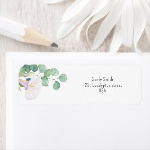 Eukalyptus och calla blomma - bröllopsfest returadress etikett