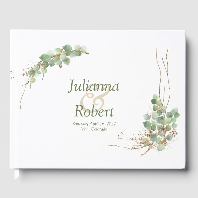 Eukalyptus och guld bröllops gästbok (Framsida)