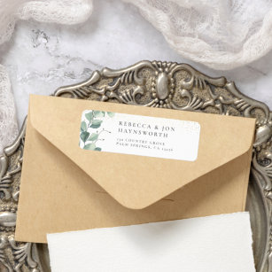 Eukalyptus och Guld-konfetti Bröllop Returadress Etikett