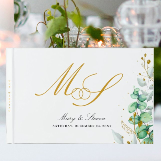 Eukalyptus och guld Monogram Bröllop Gästböcker (I wish you happiness))))