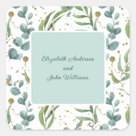 Eukalyptus och Guld par Bröllop Fyrkantigt Klistermärke
