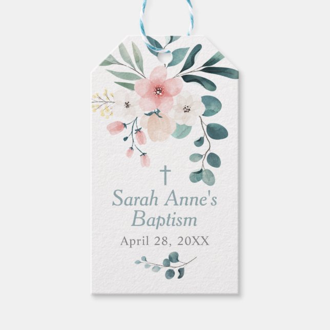 Eukalyptus och rosablommig dopceremoni presentetikett (Framsidan)