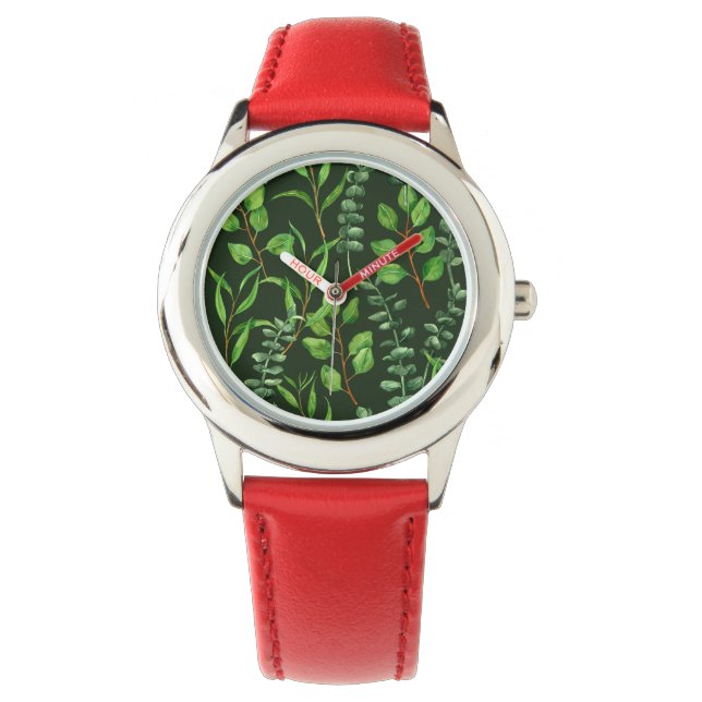 Eukalyptus på mörk grönt armbandsur (Framsida)