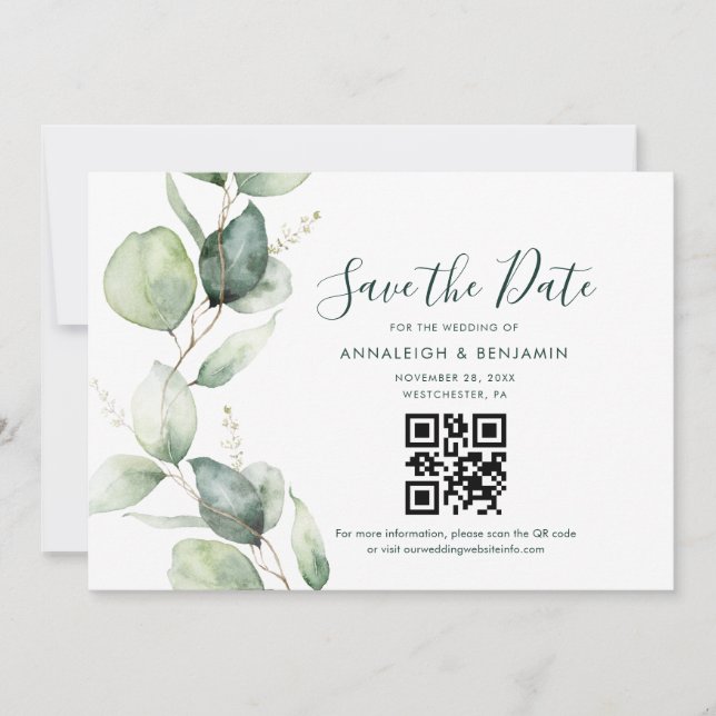 Eukalyptus QR-kod Botanisk Bröllopsinbjudan Spara Datumet (Framsida)