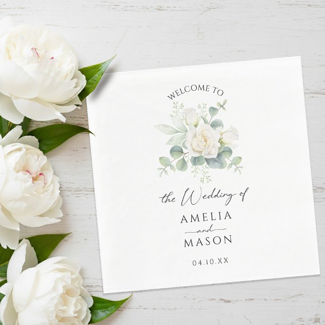 Eukalyptus Rosa Blommig Vitt Pappers Bröllop Pappersservett (Eucalyptus Rose Floral White Paper Wedding Napkins)