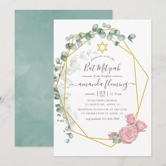Eukalyptus Rosa Geometrisk Bat Mitzvah Inbjudningar (Fram/baksida)
