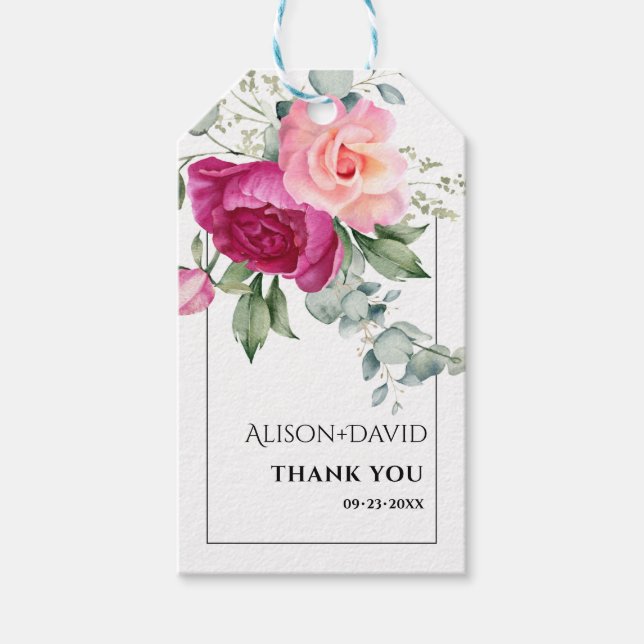Eukalyptus, rosa ros-blommor typografi bröllop presentetikett (Framsidan)
