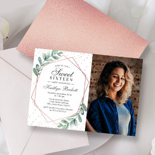Eukalyptus Rose Guld Geometrisk Sweet Sixteen Foto Inbjudningar