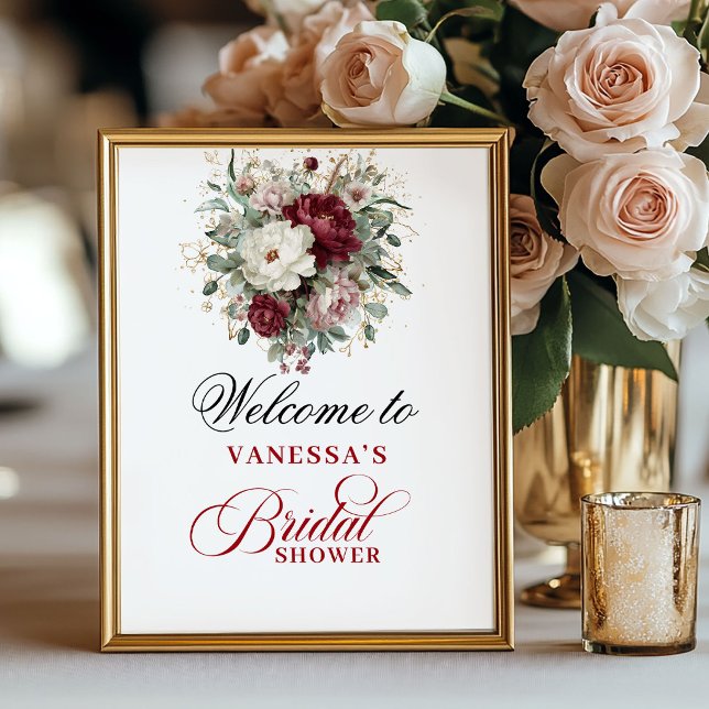 Eukalyptus Rosenskär Burgunder Bröllopsfestskylt Poster (Eucalyptus Blush Burgundy Bridal Shower Sign)