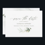 Eukalyptus salvia grön guld bröllop bespara datume spara datumet<br><div class="desc">Etirisk akvarellbladverk och metallisk guld effekt bröllopsinbjudan. Med vackra akvarelldetaljer. Denna moderna bröllopsinbjudan är säker på att sätta stilen för din stora dag.</div>