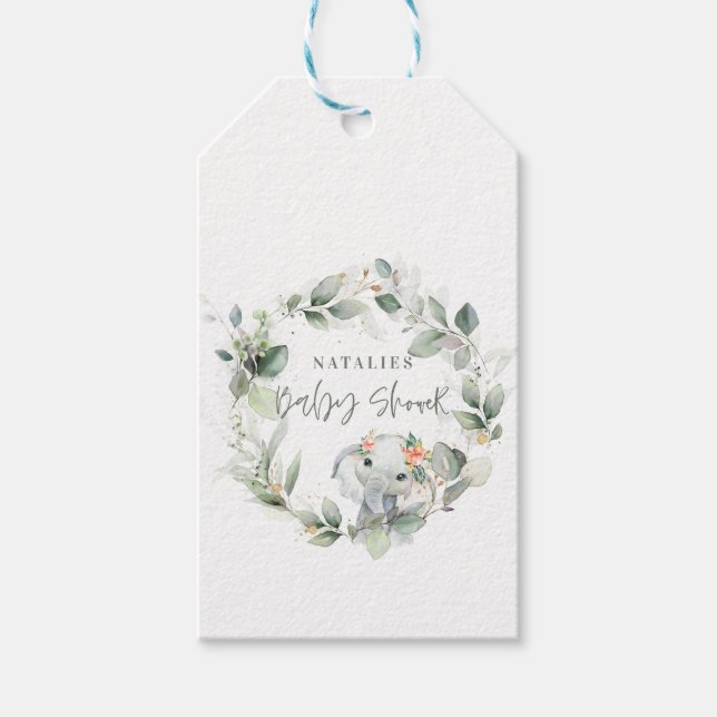 eukalyptus salvia grön söt elefant baby shower presentetikett (Framsidan)