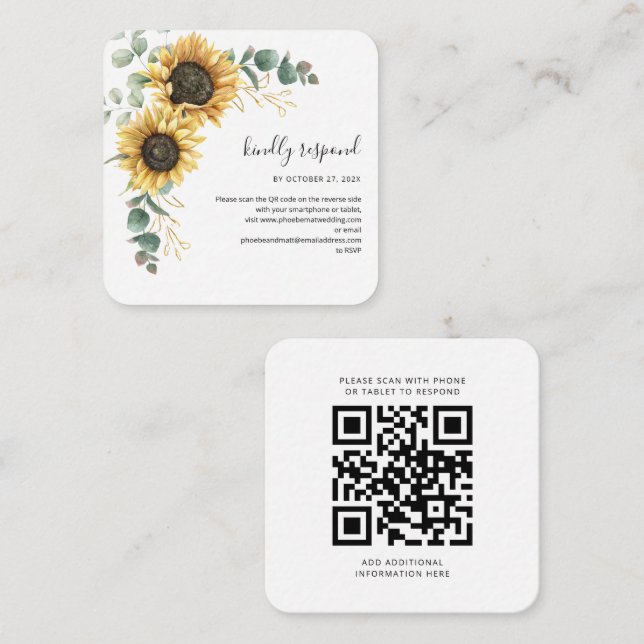 Eukalyptus Solros Bröllop QR-kod RSVP Anteckningskort (Fram/baksida)