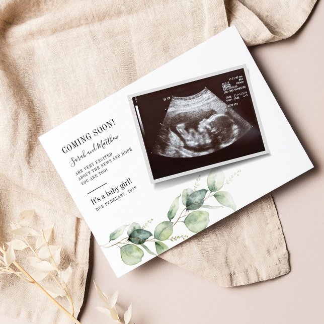 Eukalyptus Sonogram Bebis Avslöjande Graviditet Meddelande Vykort (Baby Announcement Sonogram Ultra Scan Custom Card)