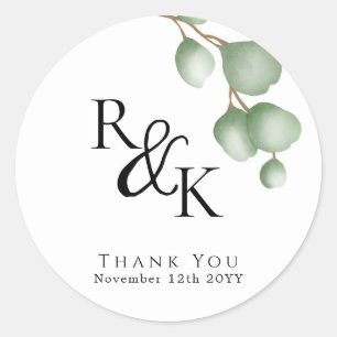 Eukalyptus Svart & Vitt Minimalistiskt Monogram br Runt Klistermärke