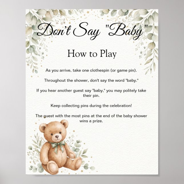 Eukalyptus Teddybjörn Säga Inte Baby Spel Skylt (Framsidan)
