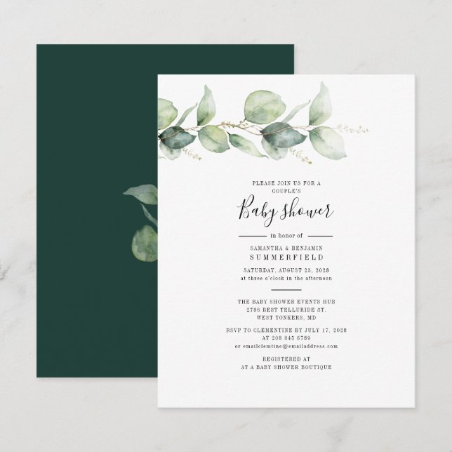 Eukalyptus Vattenfärg Eleganta Par Babyshower Inbjudningar (Fram/baksida)