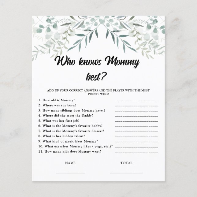 Eukalyptus Vem vet Mamma Bäst Baby Shower-spel (Framsida)