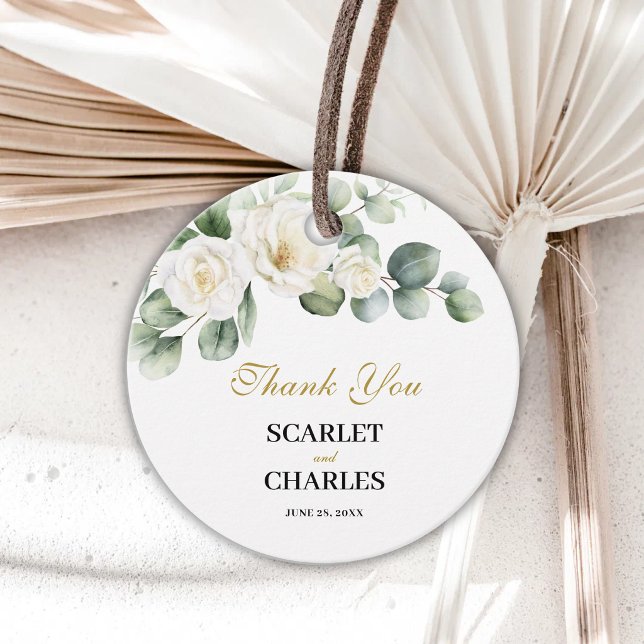 Eukalyptus Vit Ros Greenery Blommig Bröllop Gåvor Etiketter (Eucalyptus white rose favor tags add a personalized finishing touch to wedding favors.)