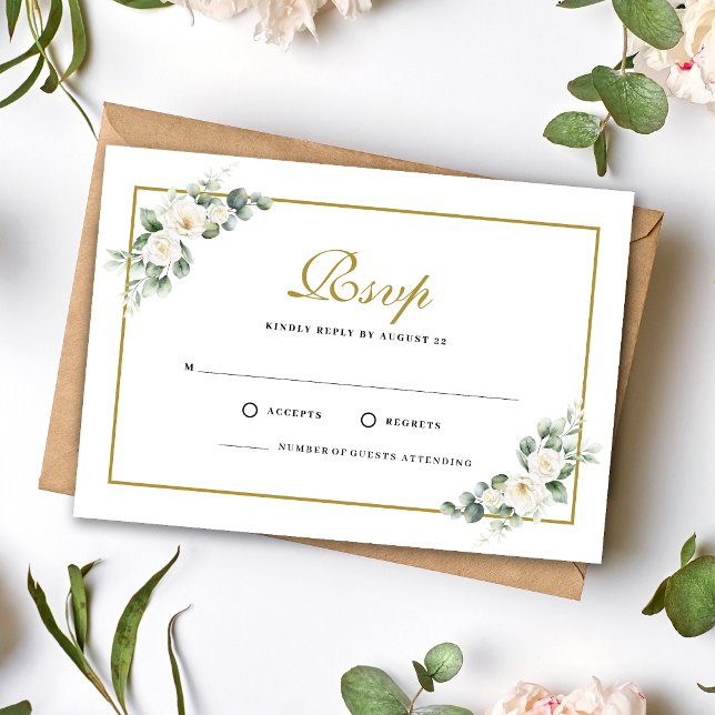 Eukalyptus Vit Ros Greenery Blommig Bröllop OSA Kort (Eucalyptus white rose RSVP card makes guest replies effortless with timeless elegance.)