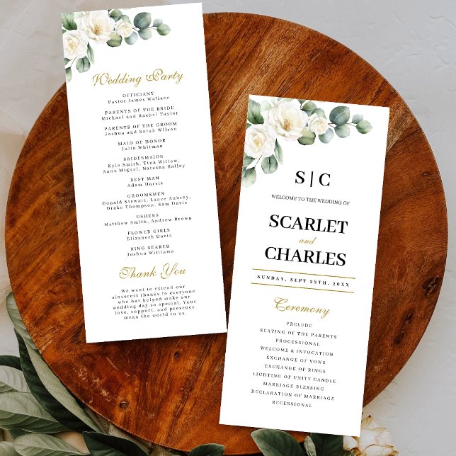Eukalyptus Vit Ros Greenery Blommig Bröllop Program (Eucalyptus white rose wedding program guides guests with timeless botanical elegance.)