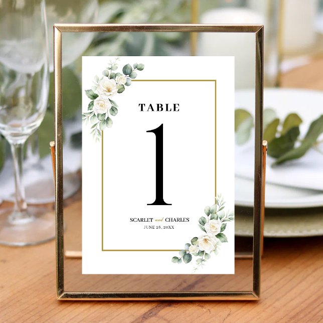 Eukalyptus Vit Ros Grönska Blommig Bröllop Bordsnummer (Eucalyptus white rose table number guides guests with timeless botanical elegance.)