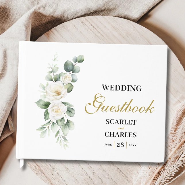 Eukalyptus Vit Ros Grönska Blommig Bröllop Gästböcker (Eucalyptus white rose guest book preserves cherished wedding memories with timeless elegance.)