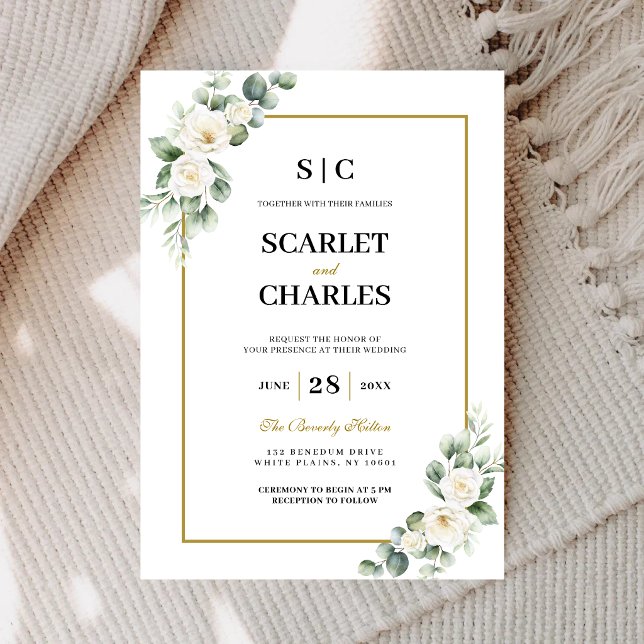 Eukalyptus Vit Ros Grönska Blommig Bröllop Inbjudningar (Eucalyptus white rose invitation sets a romantic tone for your unforgettable wedding day.)