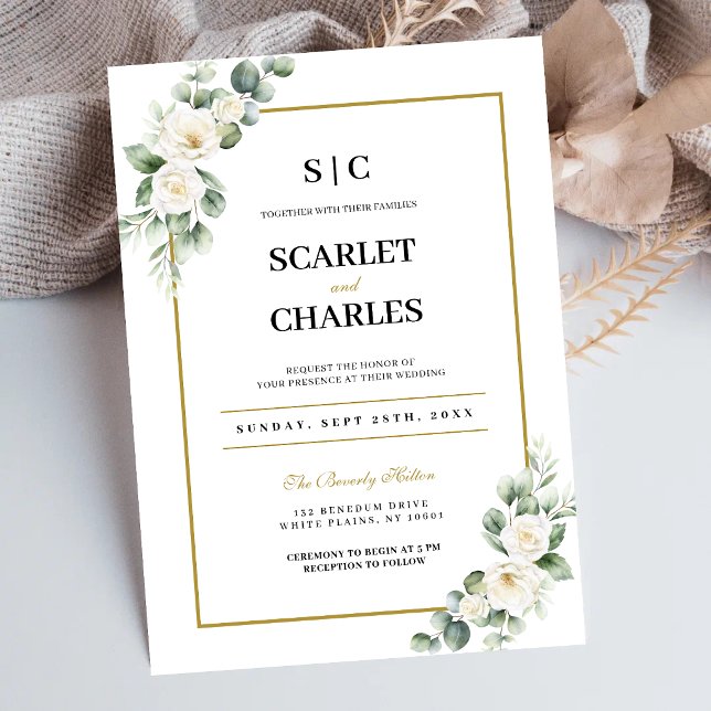 Eukalyptus Vit Ros Grönska Blommig Bröllop Inbjudningar (Eucalyptus white rose invitation creates a timeless first impression for your wedding.)