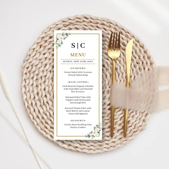 Eukalyptus Vit Ros Grönska Blommig Bröllop Meny (Eucalyptus white rose wedding menu elevates your reception with timeless botanical elegance.)