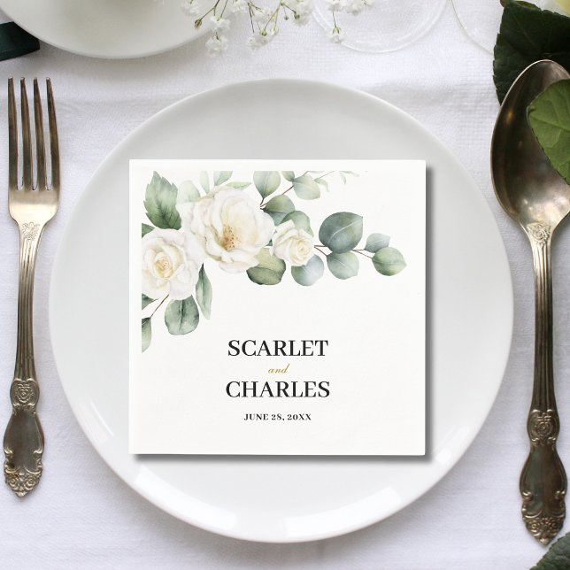 Eukalyptus Vit Ros Grönska Blommig Bröllop Pappersservett (Eucalyptus white rose wedding napkins add elegant charm to every place setting.)