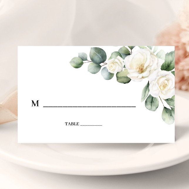 Eukalyptus Vit Ros Grönska Blommig Bröllop Placeringskort (Eucalyptus white rose place card adds elegant seating with a personalized botanical touch.)