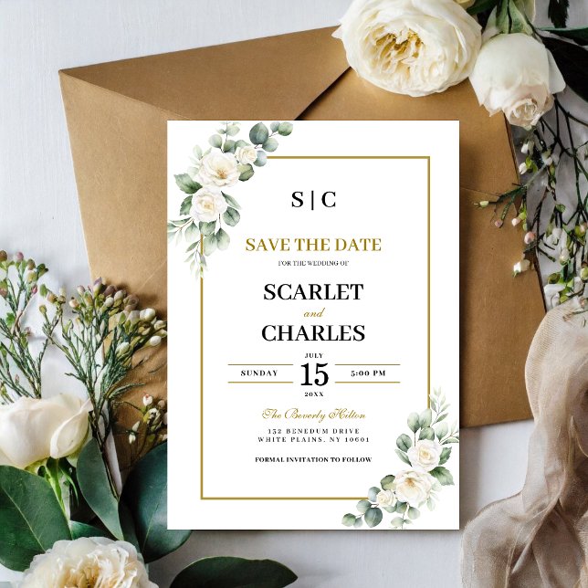 Eukalyptus Vit Ros Grönska Blommig Bröllop Spara Datumet (Eucalyptus white rose Save the Date shares your wedding news with timeless elegance.)