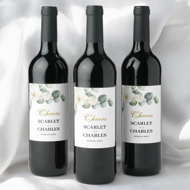 Eukalyptus Vit Ros Grönska Blommig Bröllop Vinflaska Etikett (Eucalyptus white rose wine label adds elegant charm to your personalized wedding bottles.)