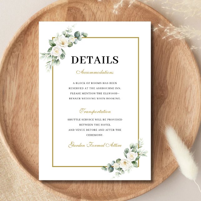 Eukalyptus Vit Ros Grönska Bröllopsinformation Tilläggskort (Eucalyptus white rose enclosure card keeps wedding details clear with timeless elegance.)