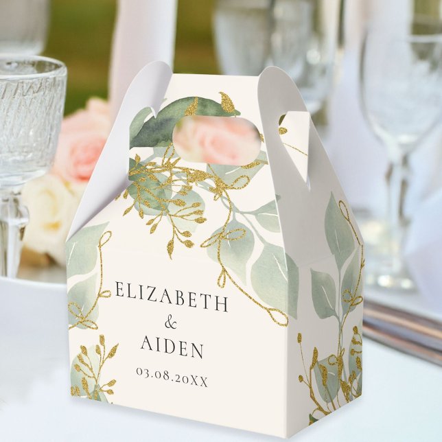 Eukalyptus Wedding Box  Geschenkschachtel Presentaskar (Personalized Beige Greenery Gold Eucalyptus Wedding Box with your names and date.)