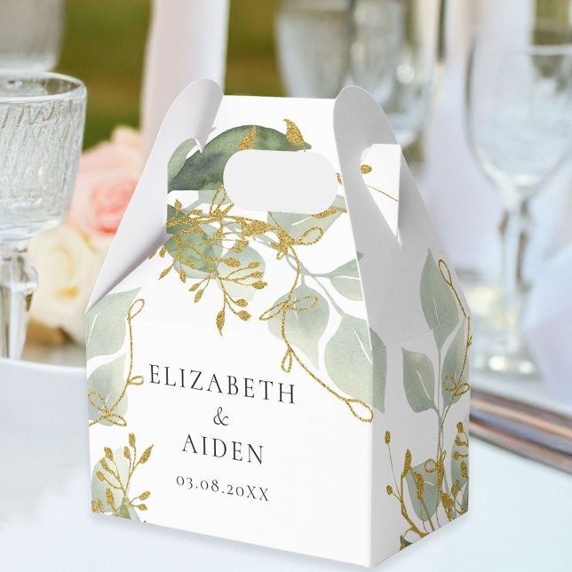 Eukalyptus Wedding Box  Presentaskar (Personalized White Greenery Gold Eucalyptus Wedding Box with your names and date.)