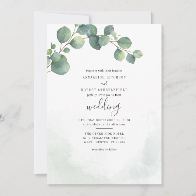 Eukalyptusblad Greenery Script Bröllop Inbjudningar (Framsida)