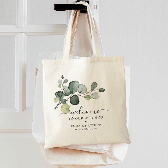 Eukalyptusblad Grönhet Bröllop Välkommen Tygkasse (Eucalyptus Leaves Greenery Wedding Welcome Tote Bag)