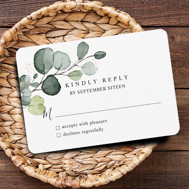 Eukalyptusblad Guldstänk OSA Kort (Eucalyptus Leaves Gold Splatter RSVP Card)
