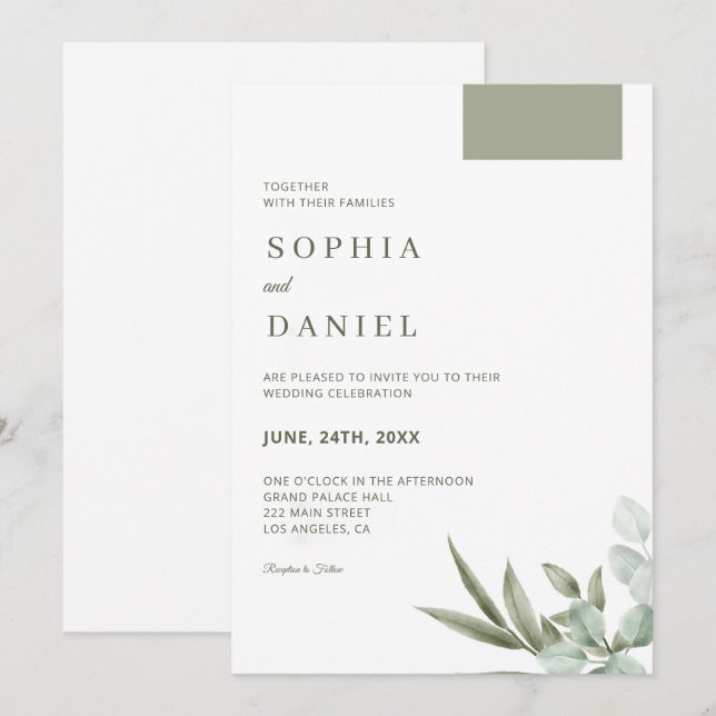 Eukalyptusblad Minimalistiskt Bröllopsinbjudan Inbjudningar (Fram/baksida)