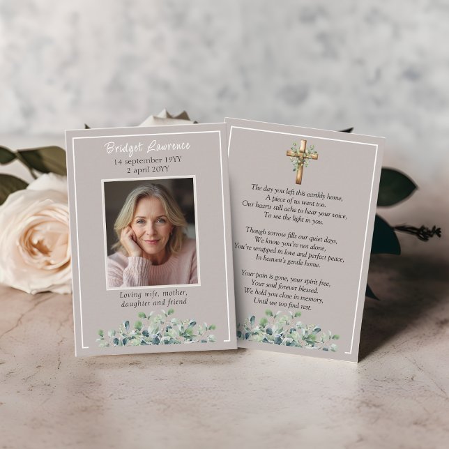 Eukalyptusblad Minnesfoto Beige Bönkort Visitkort (taupe elgant eucalyptus leaves greenery border
prayer card)