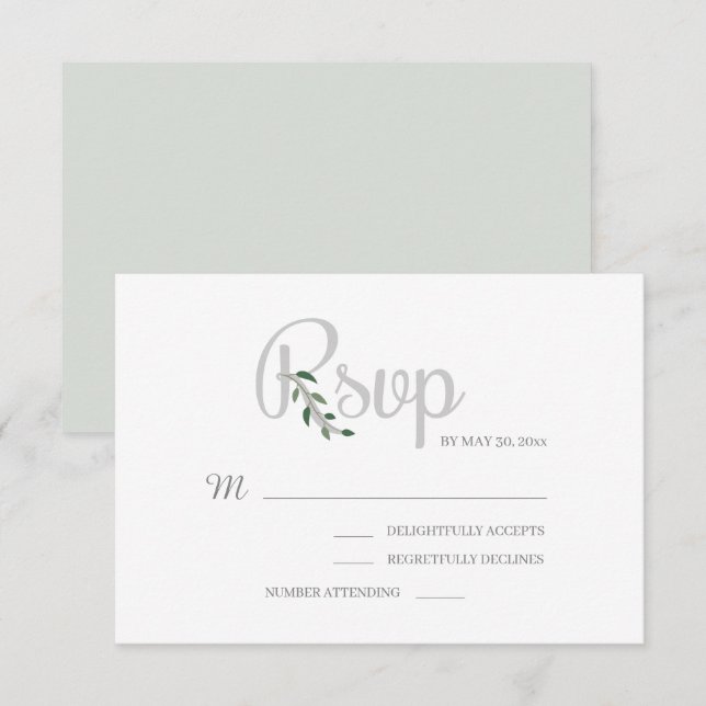 Eukalyptusblad Vita Grå Elegant Bröllop RSVP Inbjudningar (Fram/baksida)