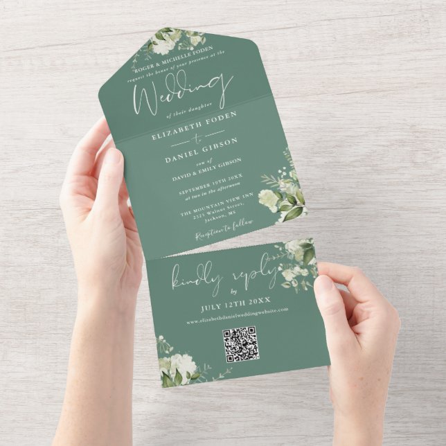Eukalyptusgrön Blommig QR-kod Formell Bröllop (Avrivbar del)