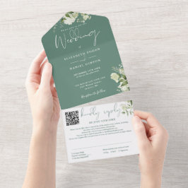 Eukalyptusgrön blomster monogram QR-kod bröllop