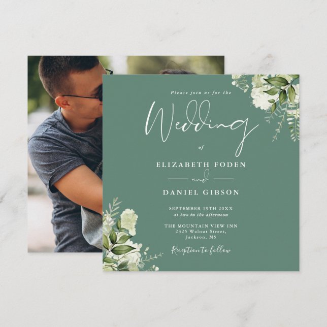 Eukalyptusgrön blomsterfoto fyrkantig bröllopsinbj inbjudningar (Fram/baksida)